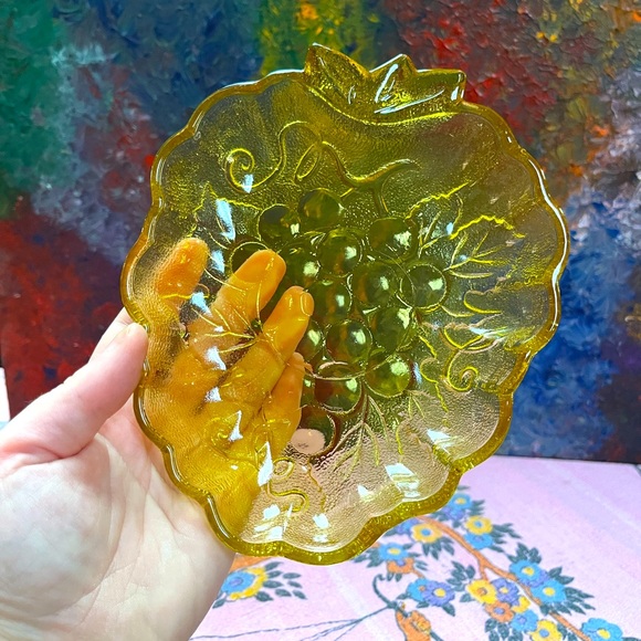 Vintage Other - VTG Amber Yellow Depression Carnival Grape Motif Glass Trinket Dish